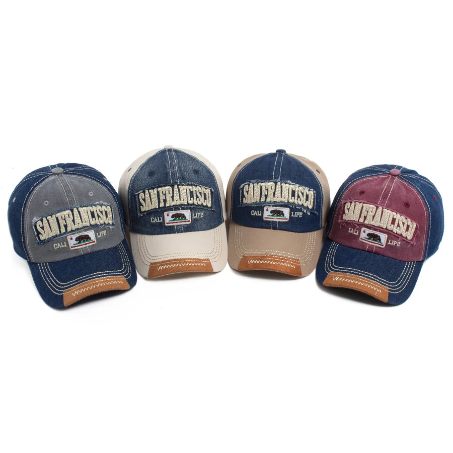California Bear Baseball Cap Men Women Washed Denim Retro Letter Embroidered Hat Summer Hip Hop Snapback For Daily Wear Casual