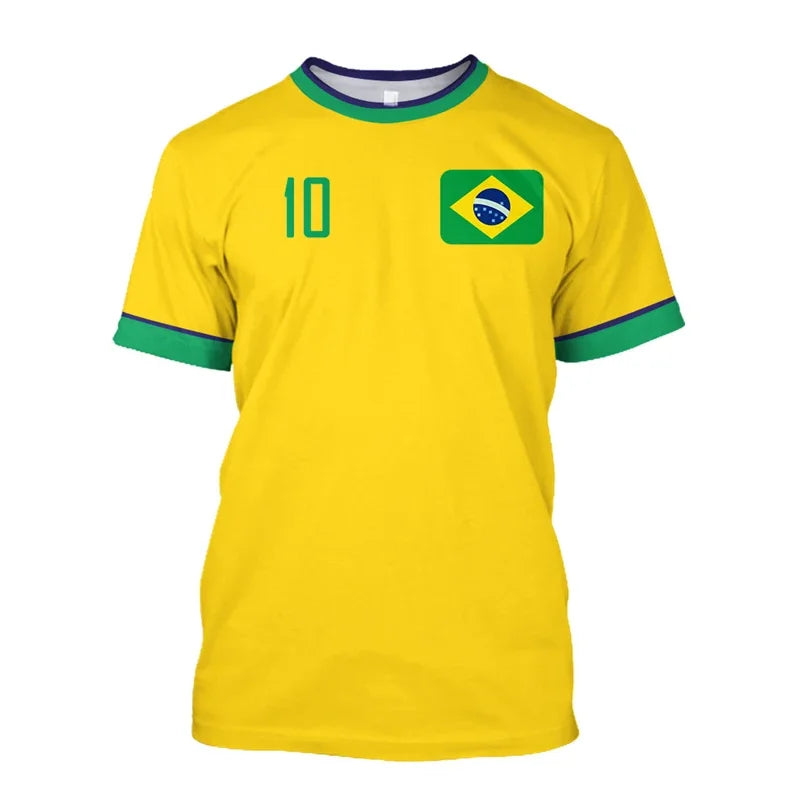 Brazil National Team 10 Soccer Jersey, Classic Yellow Brazil Flag Football Shirt, Retro Style Casual Sports Tee for Fans