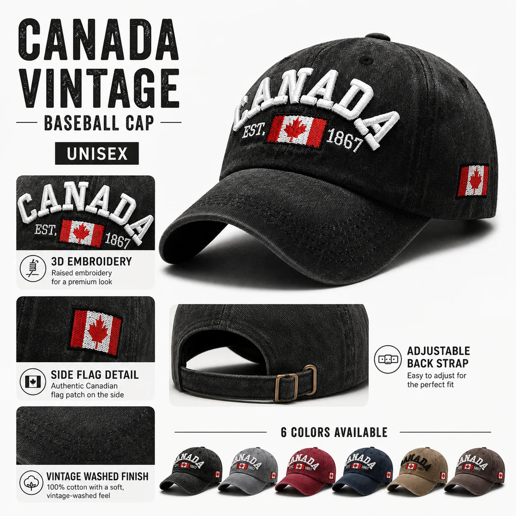 Vintage Washed Cotton Baseball Cap Men Canada Flag 3D Embroidery Dad Hat Women Retro Snapback Casquette Gorras