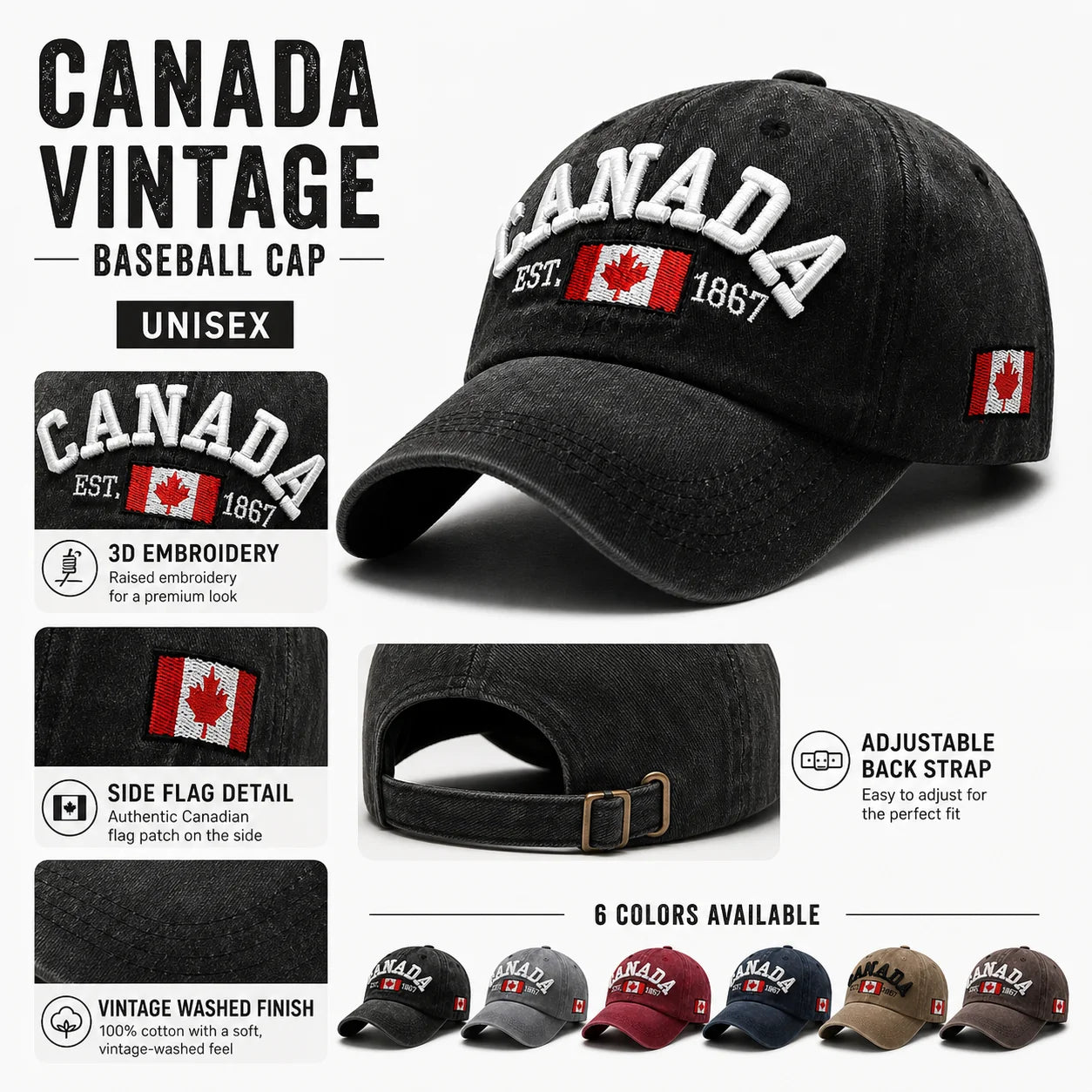 Vintage Washed Cotton Baseball Cap Men Canada Flag 3D Embroidery Dad Hat Women Retro Snapback Casquette Gorras