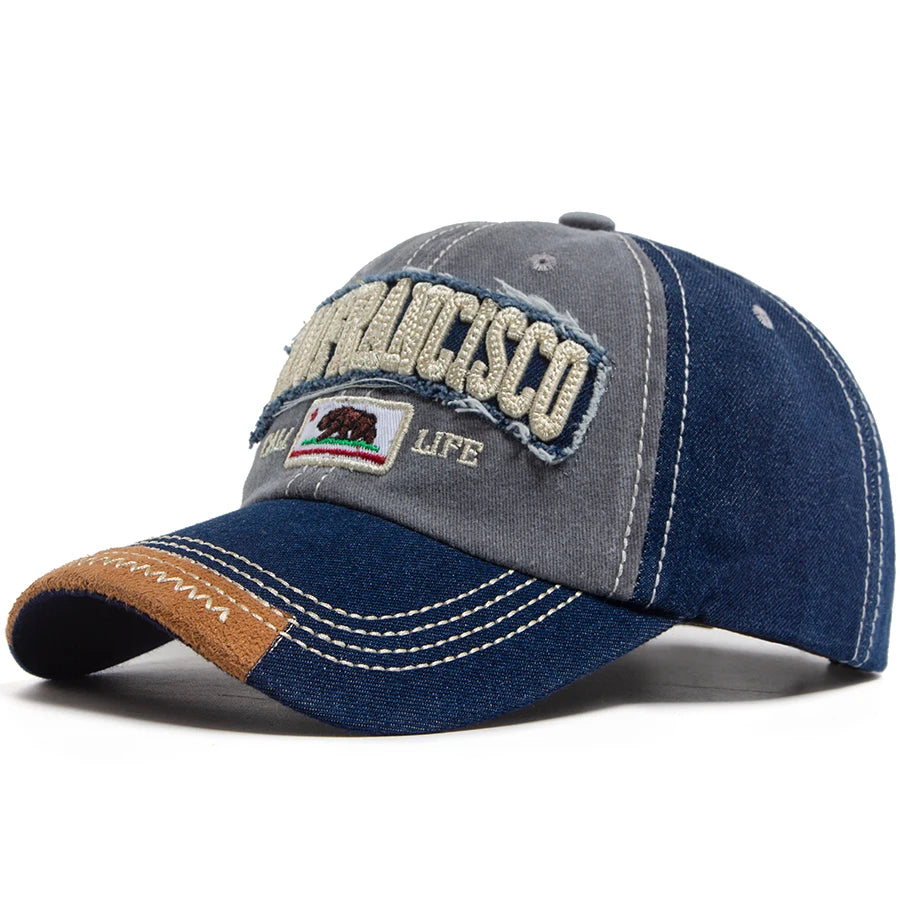 California Bear Baseball Cap Men Women Washed Denim Retro Letter Embroidered Hat Summer Hip Hop Snapback For Daily Wear Casual