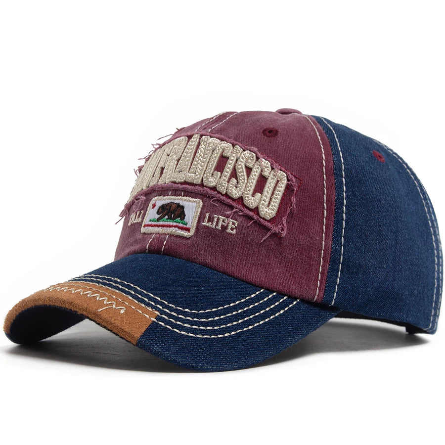 California Bear Baseball Cap Men Women Washed Denim Retro Letter Embroidered Hat Summer Hip Hop Snapback For Daily Wear Casual
