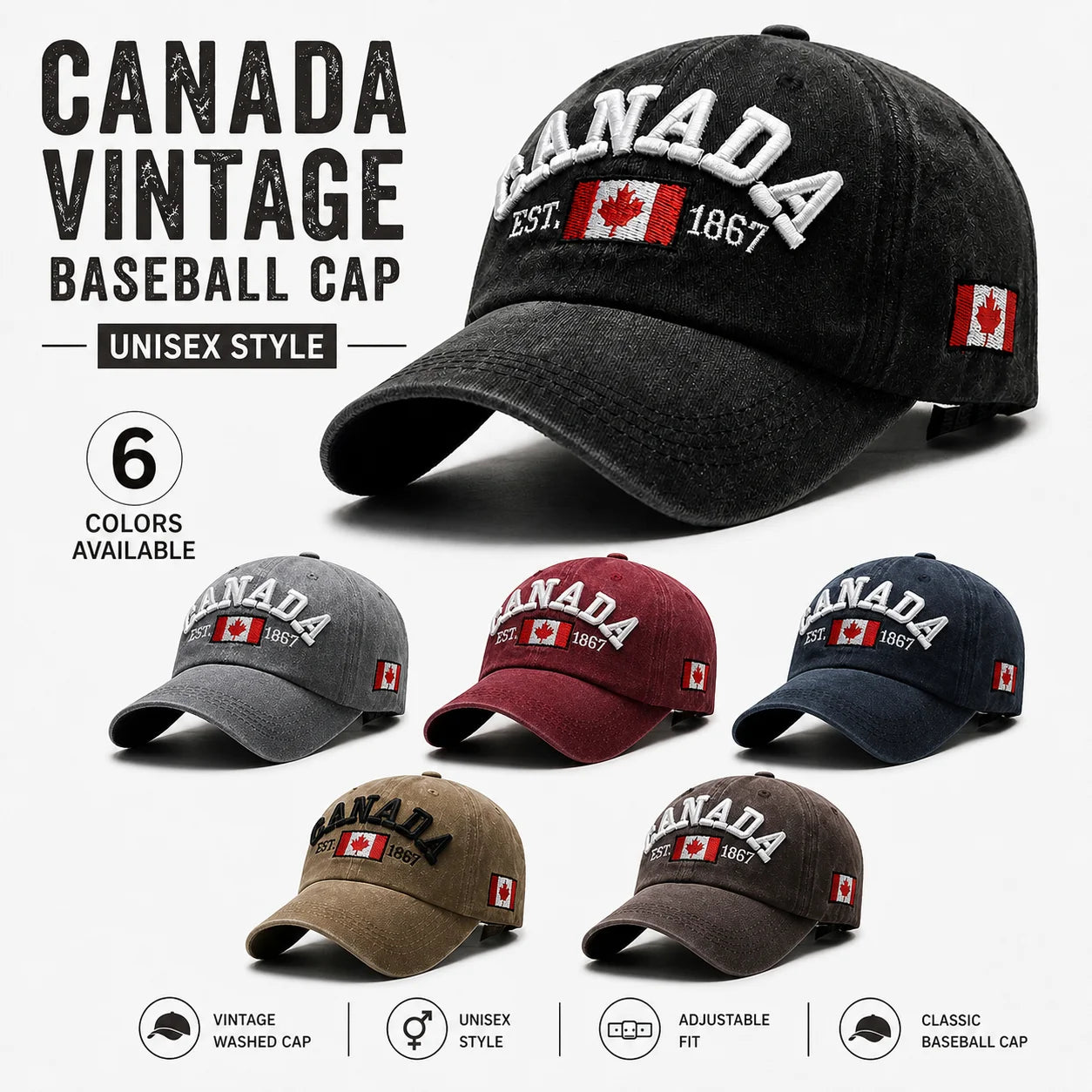 Vintage Washed Cotton Baseball Cap Men Canada Flag 3D Embroidery Dad Hat Women Retro Snapback Casquette Gorras