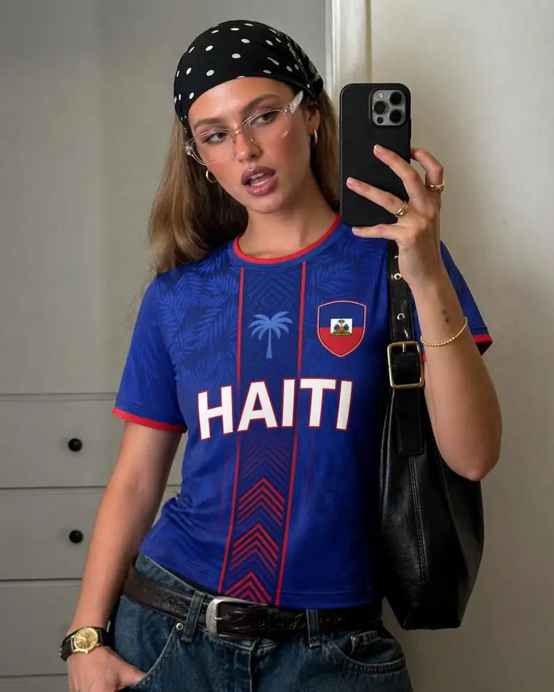 2026 New Women Haiti Flag Soccer Jersey Retro Crewneck Short Sleeve Breathable Loose Fit Streetwear Casual Football Shirt