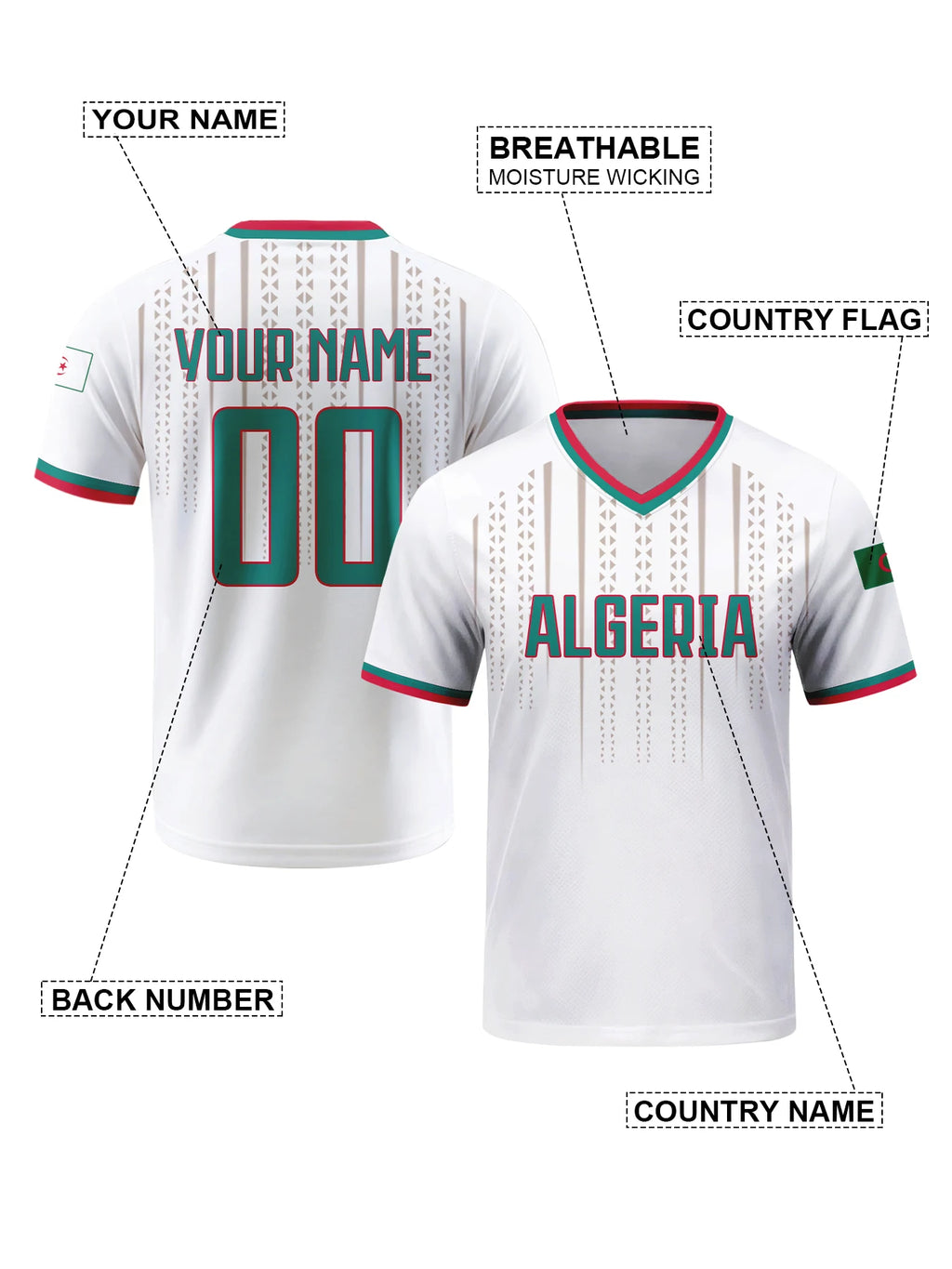 Custom Algeria Soccer Jersey Personalized with Name Number Breathable V-neck Football Team Shirt for Men Youth Women