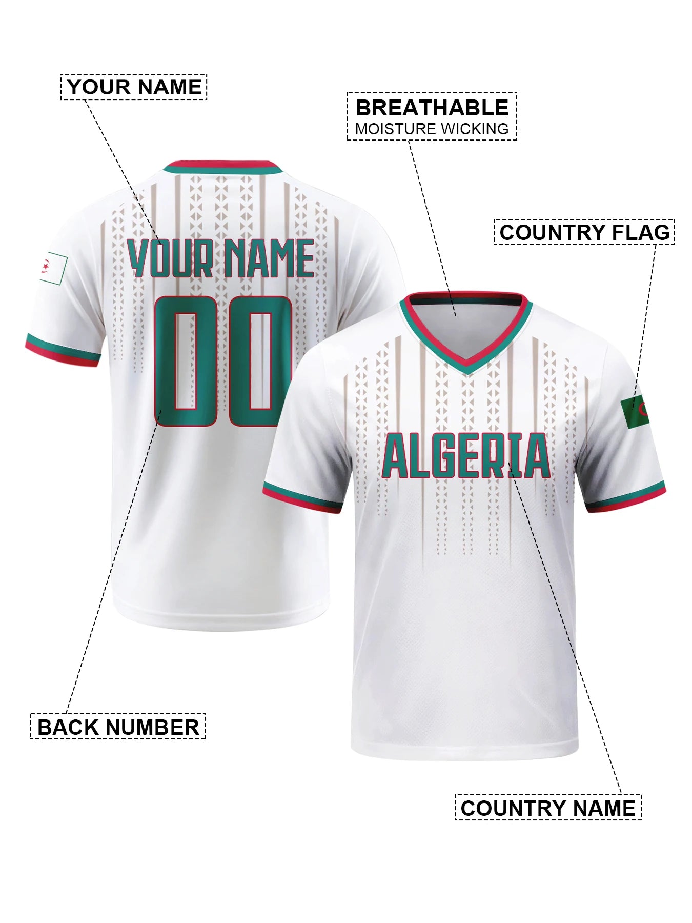Custom Algeria Soccer Jersey Personalized with Name Number Breathable V-neck Football Team Shirt for Men Youth Women