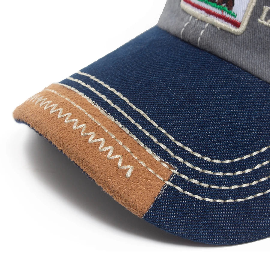California Bear Baseball Cap Men Women Washed Denim Retro Letter Embroidered Hat Summer Hip Hop Snapback For Daily Wear Casual