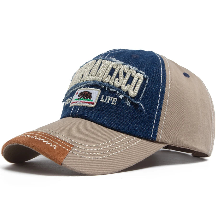 California Bear Baseball Cap Men Women Washed Denim Retro Letter Embroidered Hat Summer Hip Hop Snapback For Daily Wear Casual