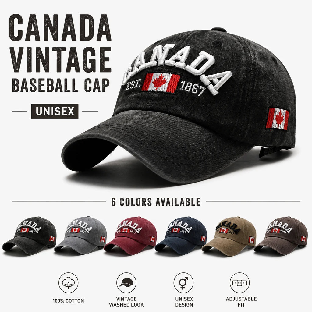 Vintage Washed Cotton Baseball Cap Men Canada Flag 3D Embroidery Dad Hat Women Retro Snapback Casquette Gorras