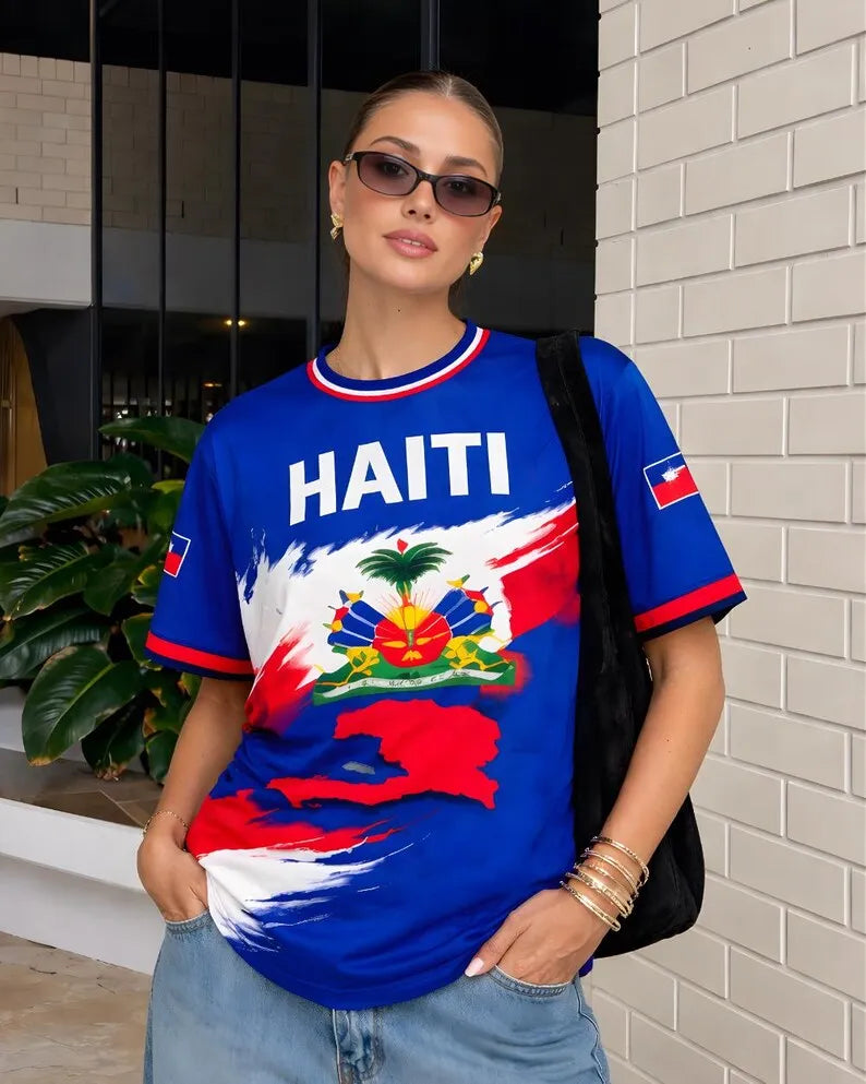 2026 New Women Haiti Flag Soccer Jersey Retro Crewneck Short Sleeve Breathable Loose Fit Streetwear Casual Football Shirt