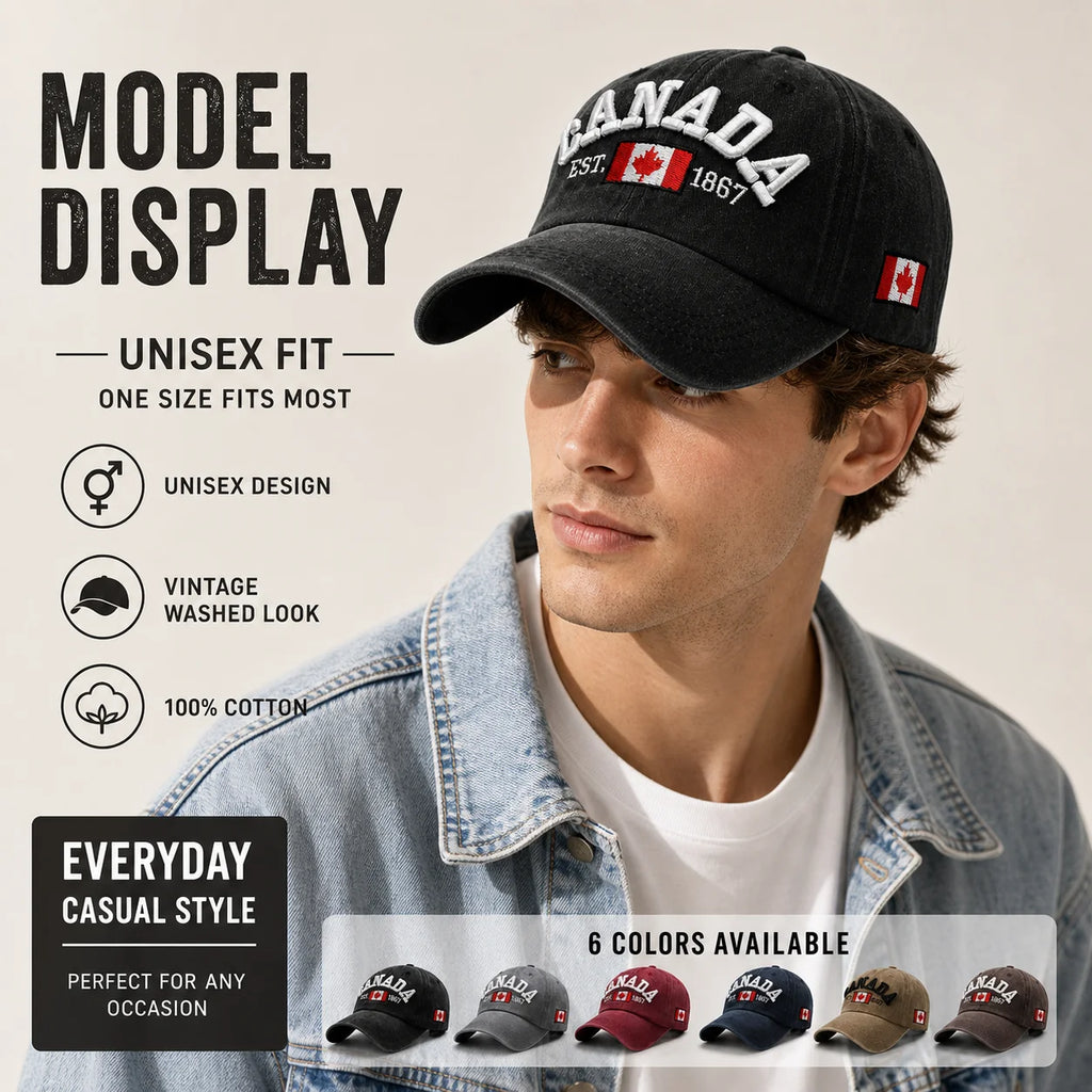Vintage Washed Cotton Baseball Cap Men Canada Flag 3D Embroidery Dad Hat Women Retro Snapback Casquette Gorras