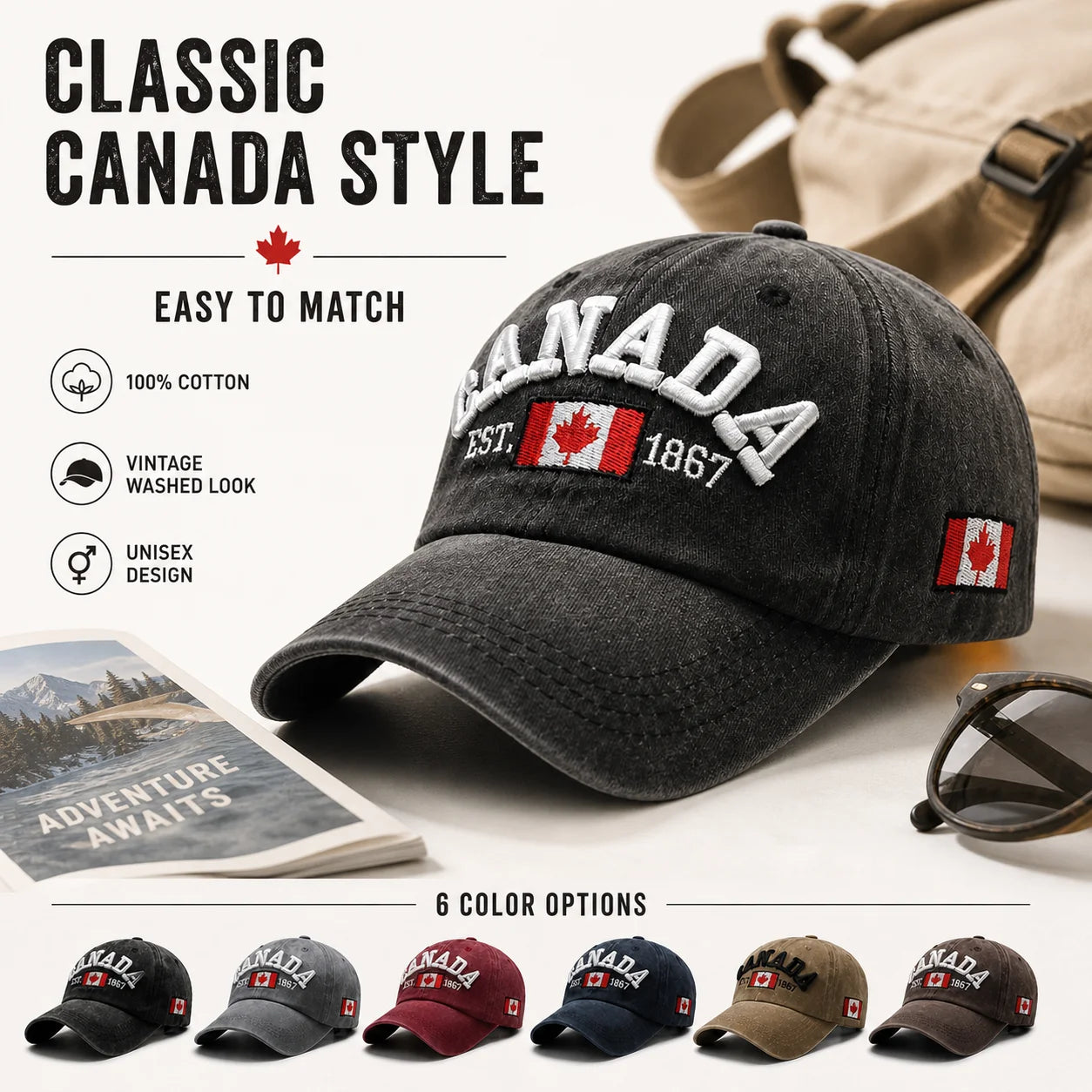 Vintage Washed Cotton Baseball Cap Men Canada Flag 3D Embroidery Dad Hat Women Retro Snapback Casquette Gorras