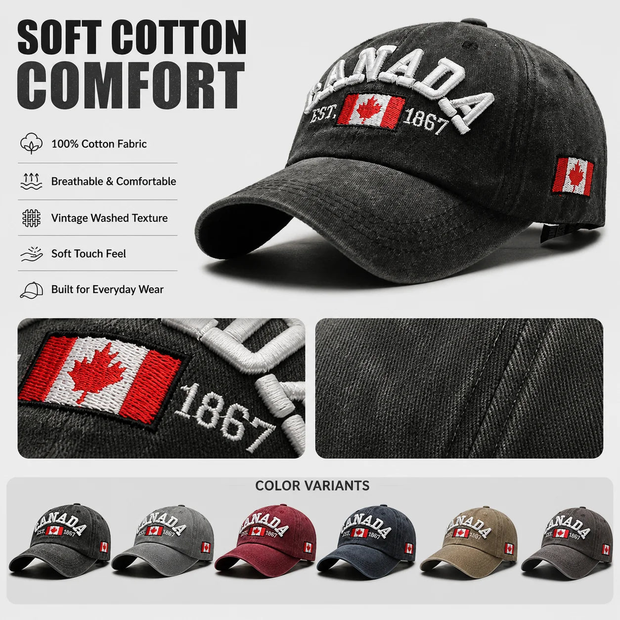 Vintage Washed Cotton Baseball Cap Men Canada Flag 3D Embroidery Dad Hat Women Retro Snapback Casquette Gorras