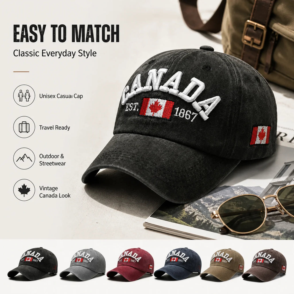 Vintage Washed Cotton Baseball Cap Men Canada Flag 3D Embroidery Dad Hat Women Retro Snapback Casquette Gorras