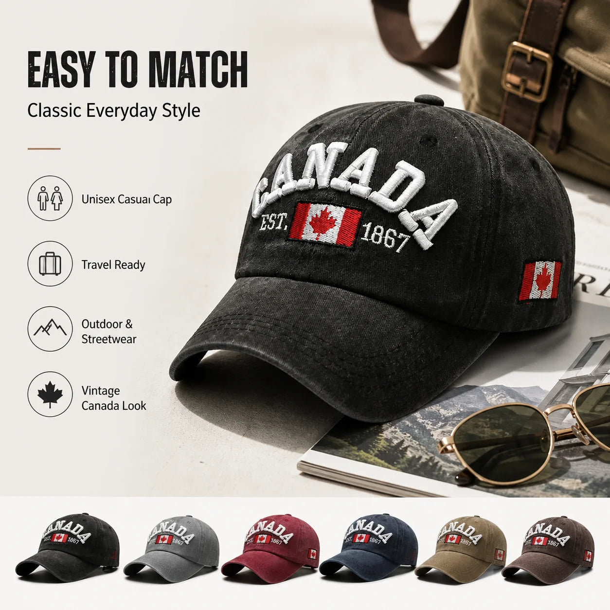 Vintage Washed Cotton Baseball Cap Men Canada Flag 3D Embroidery Dad Hat Women Retro Snapback Casquette Gorras