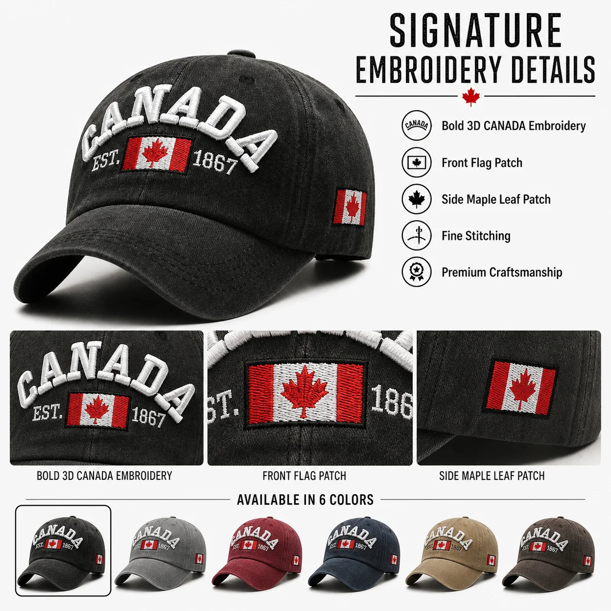 Vintage Washed Cotton Baseball Cap Men Canada Flag 3D Embroidery Dad Hat Women Retro Snapback Casquette Gorras